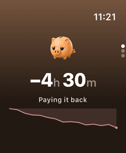 Nightpenny on Apple Watch showing minus four hours thirty, paying it back